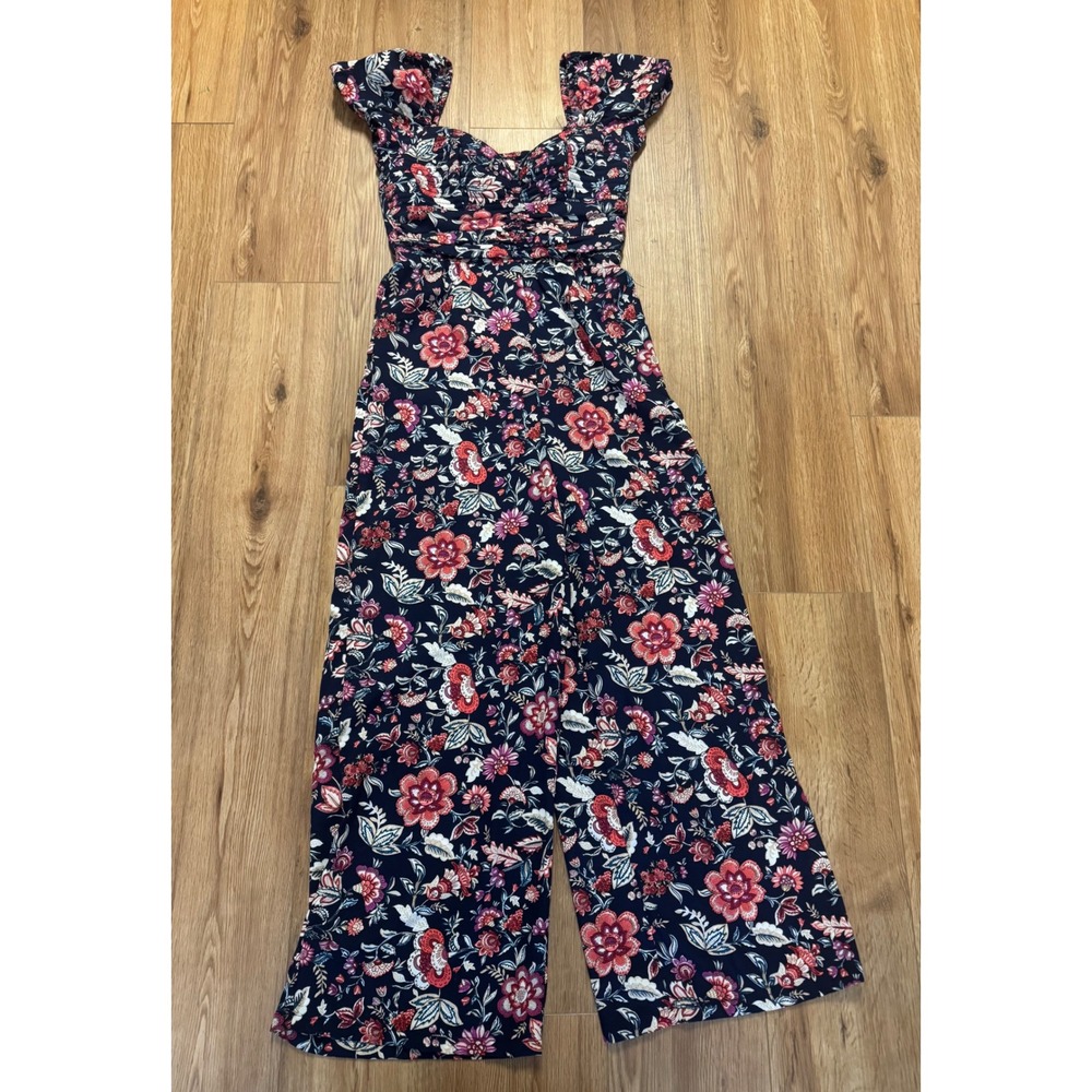 Band of the Free Floral Wide Leg Jumpsuit Navy Blue Ruched Bodice Small